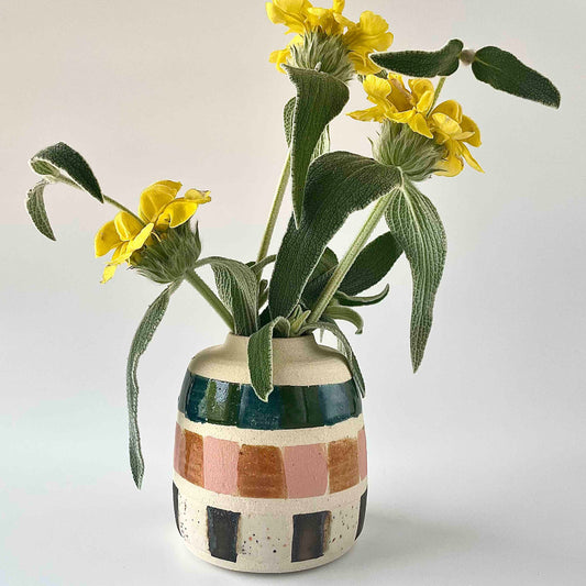 small stoneware vase with multicolor handpainted detail by Hey Moon Ceramics