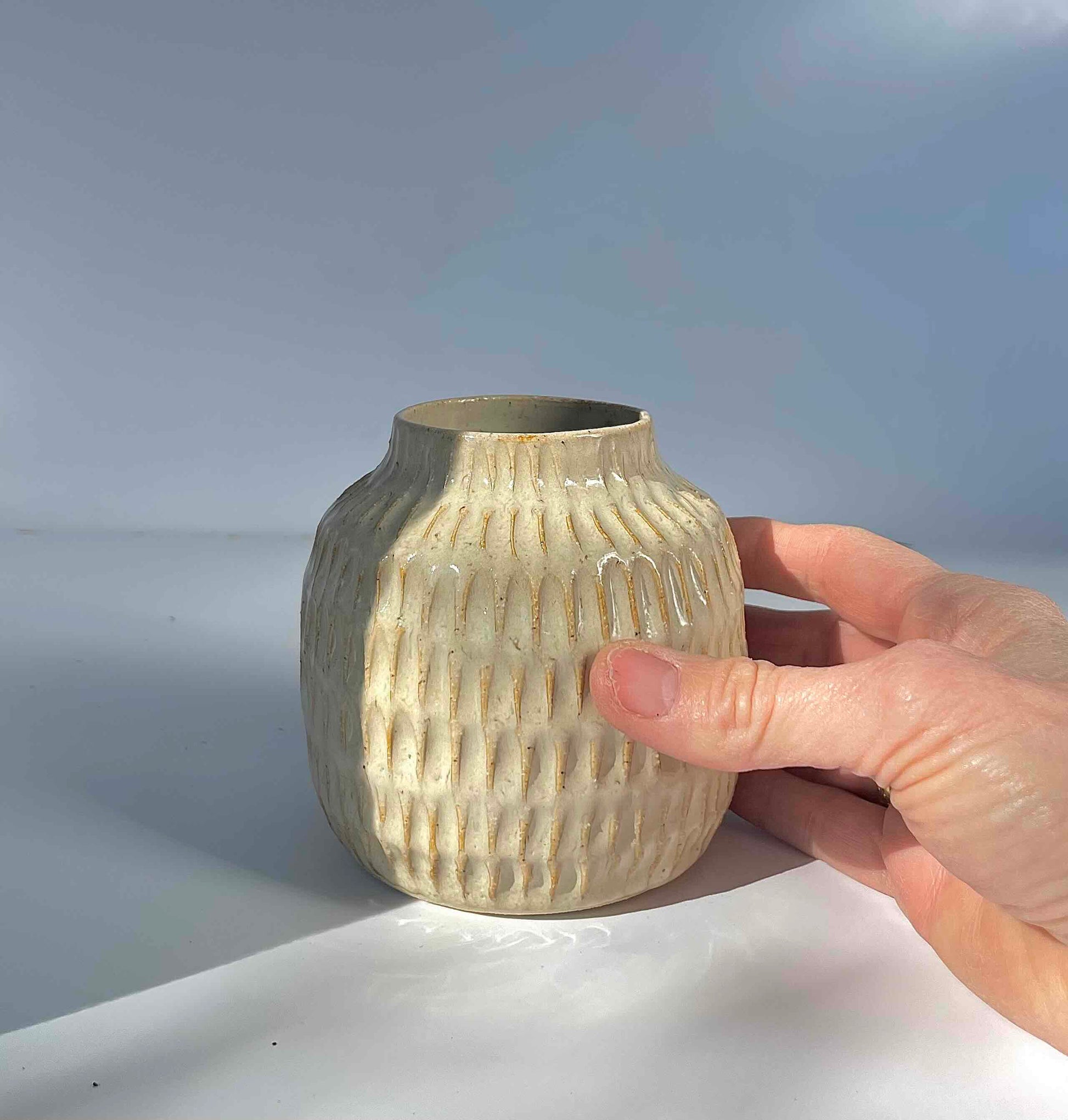 etched vase in glossy off white glaze - Hey Moon Ceramics