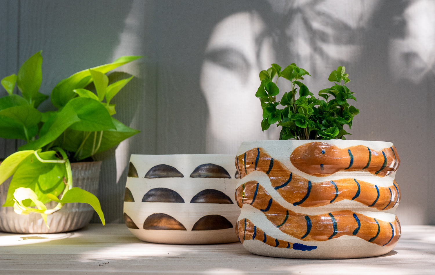 white stoneware vase with hand painted snake design - Hey Moon Ceramics