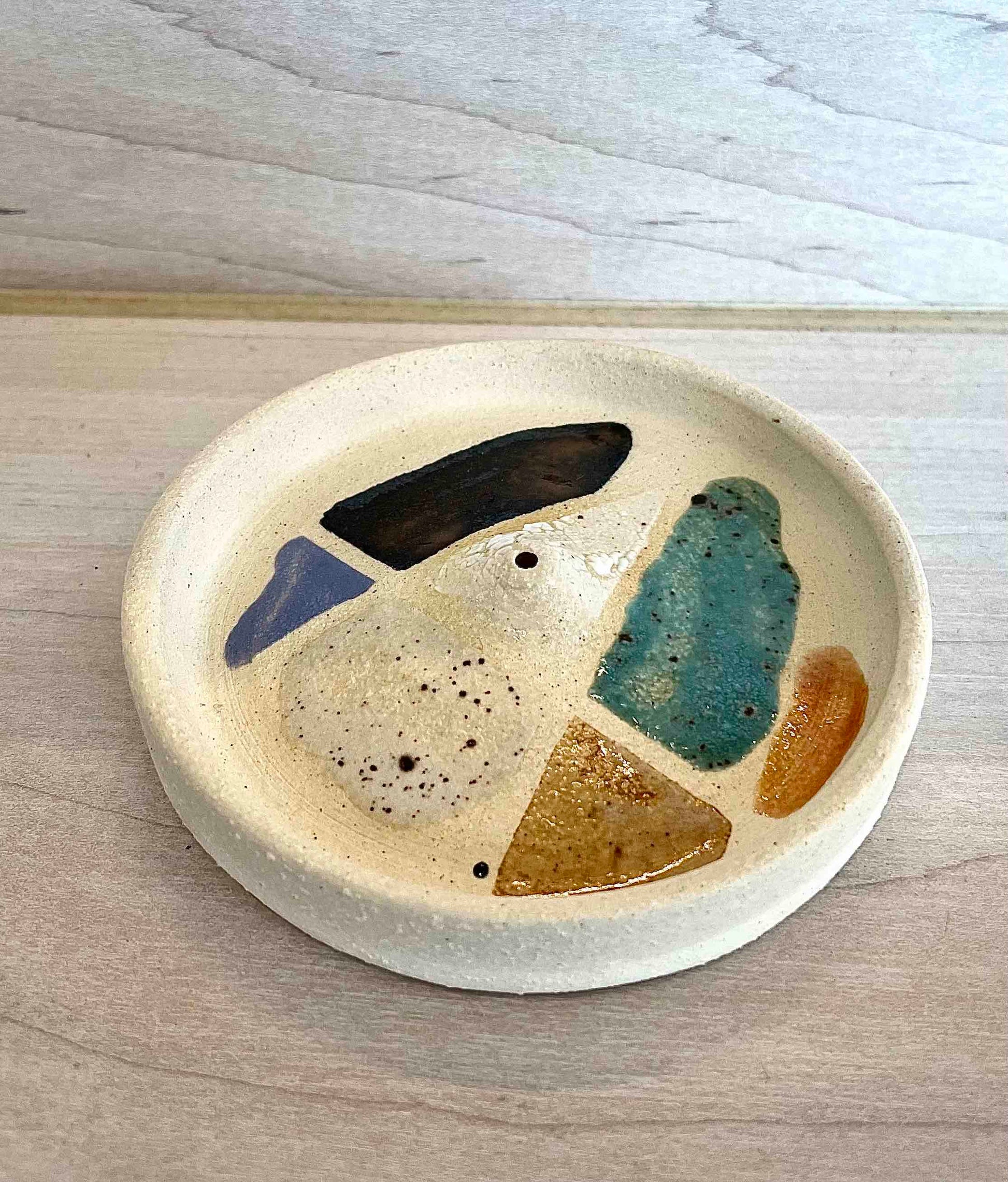 stoneware incense burner with handpainted terrazo rock multicolor pattern by Hey Moon Ceramics