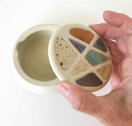 ash tray in white glaze with multi colored top - Hey Moon Ceramics