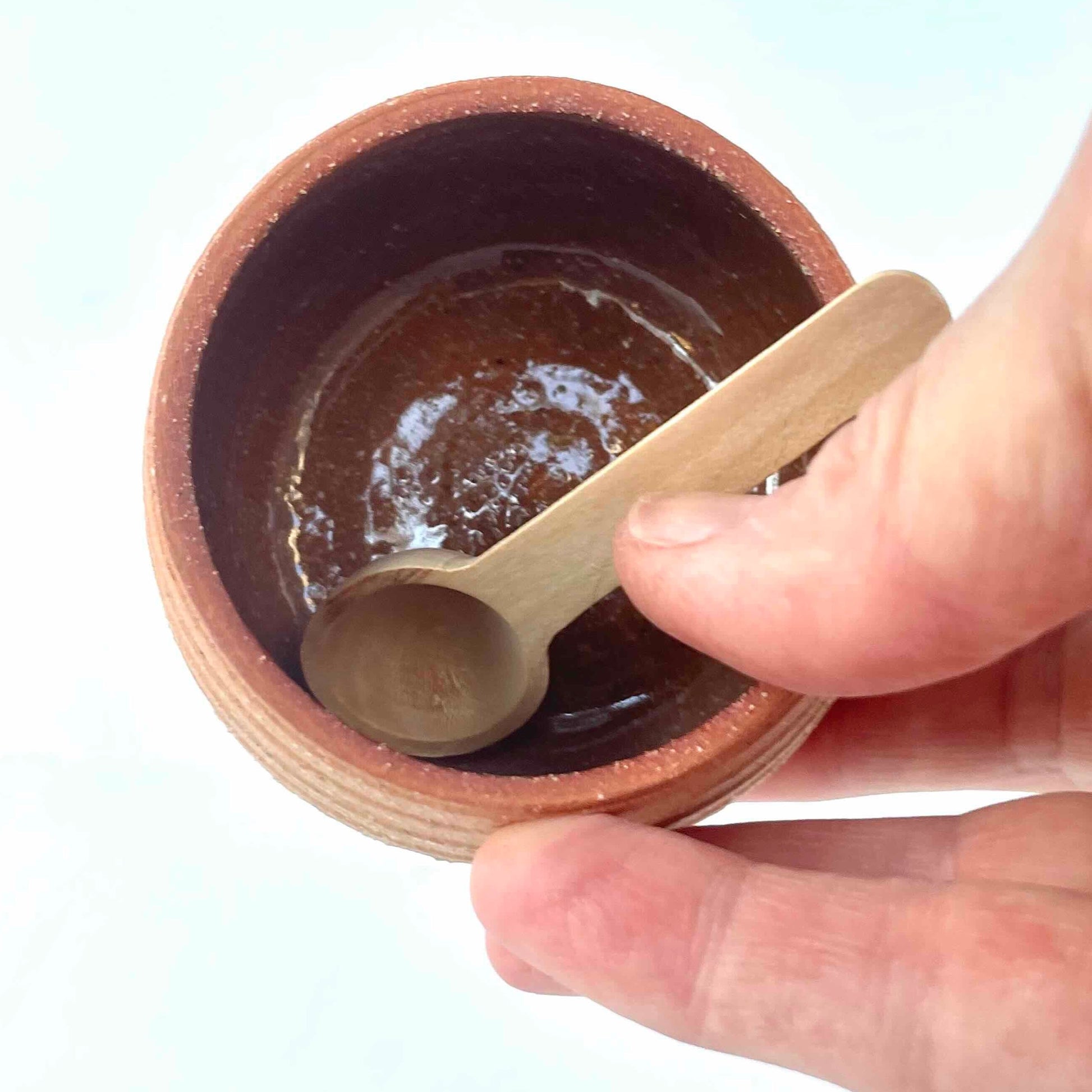 small bowl with clear glaze inside and wooden spoon salt well in terra cotta stoneware - Hey Moon Ceramics