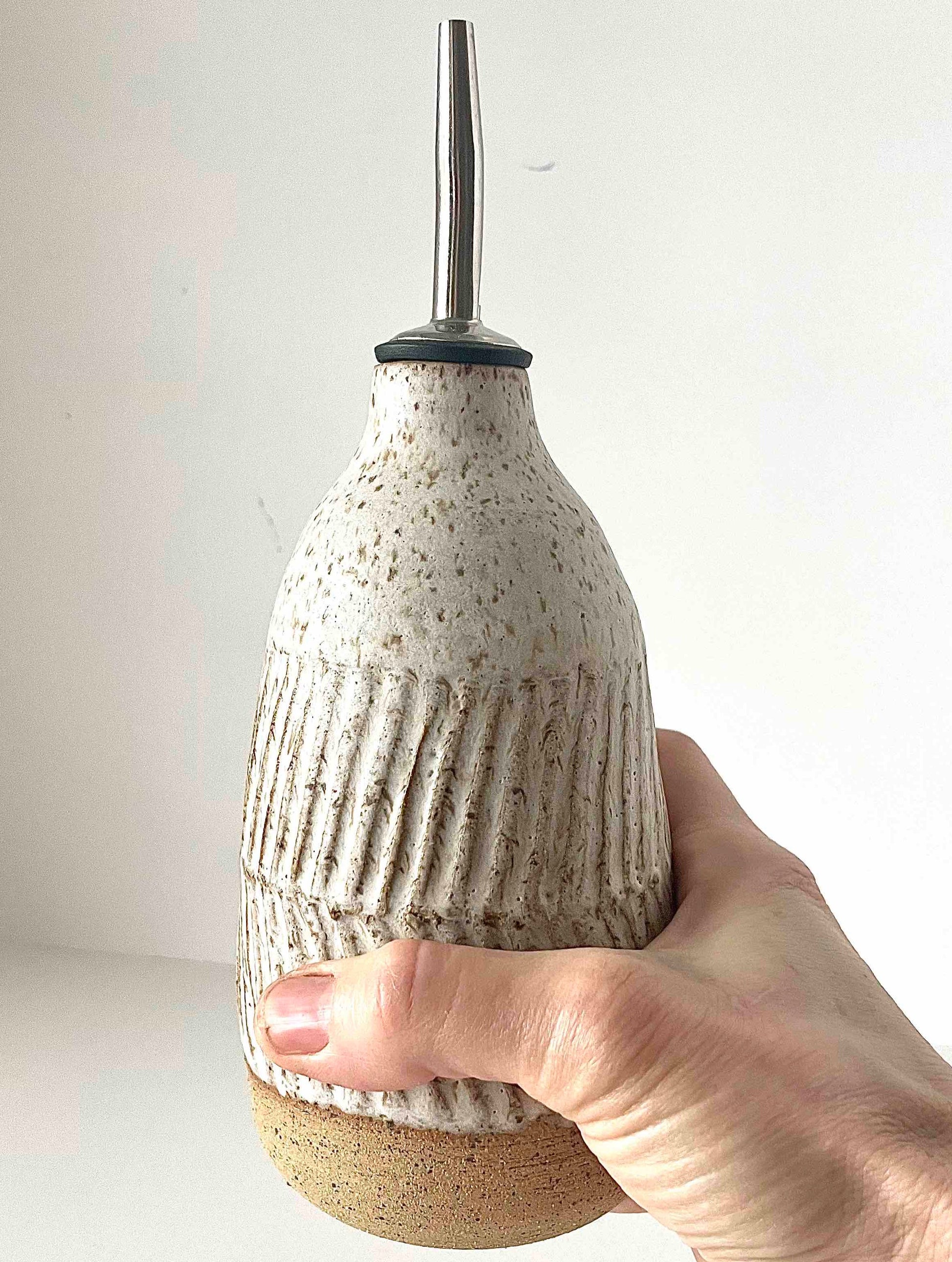 speckled clay cruet with hand etched detail and white glaze - Hey Moon Ceramics