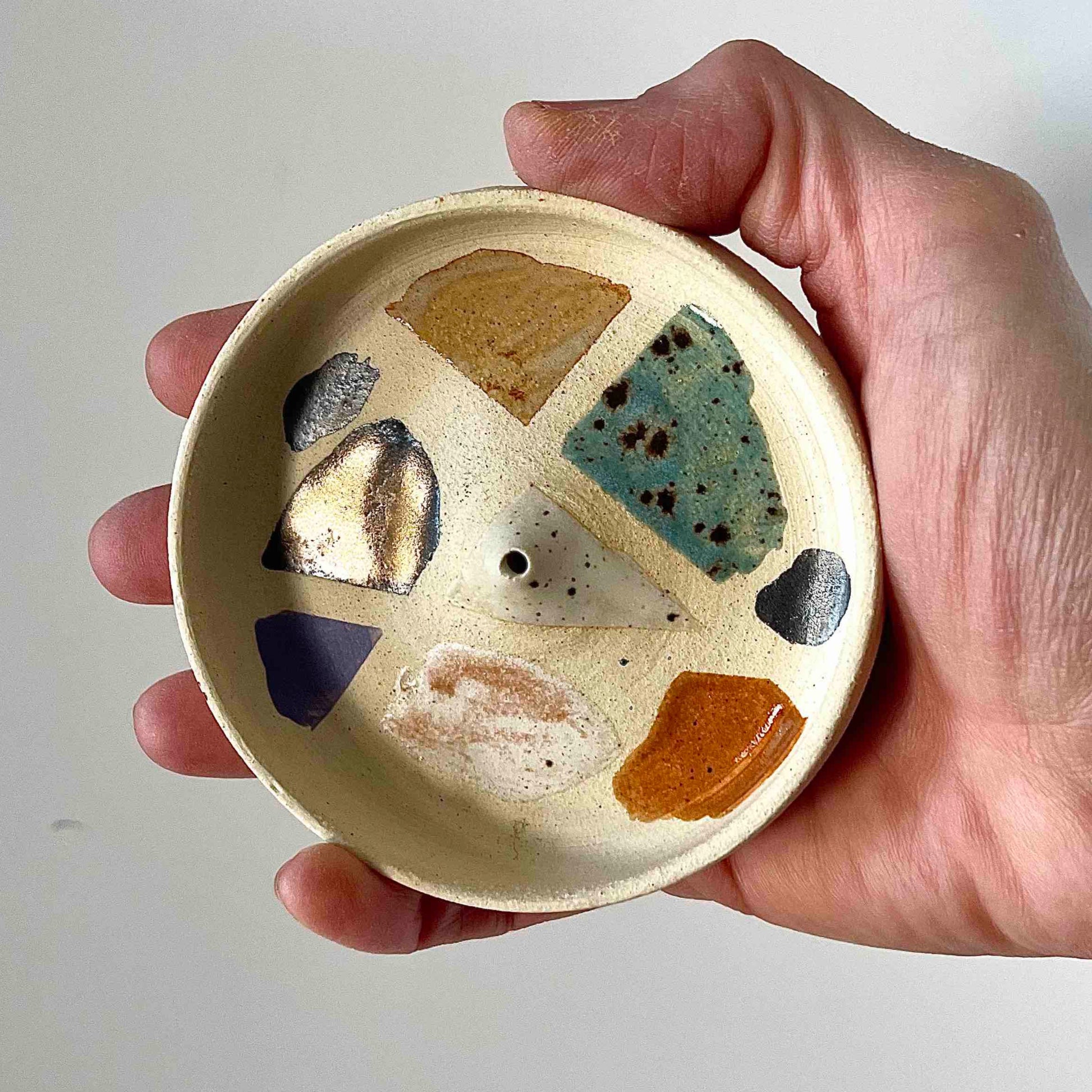 stoneware incense burner with handpainted terrazo rock multicolor pattern by Hey Moon Ceramics